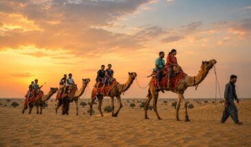 Camel safari across the Thar Desert near Jaisalmer at sunset