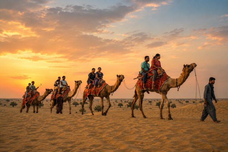Camel safari across the Thar Desert near Jaisalmer at sunset