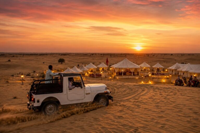Jeep safari at sunset near a desert camp in Jaisalmer