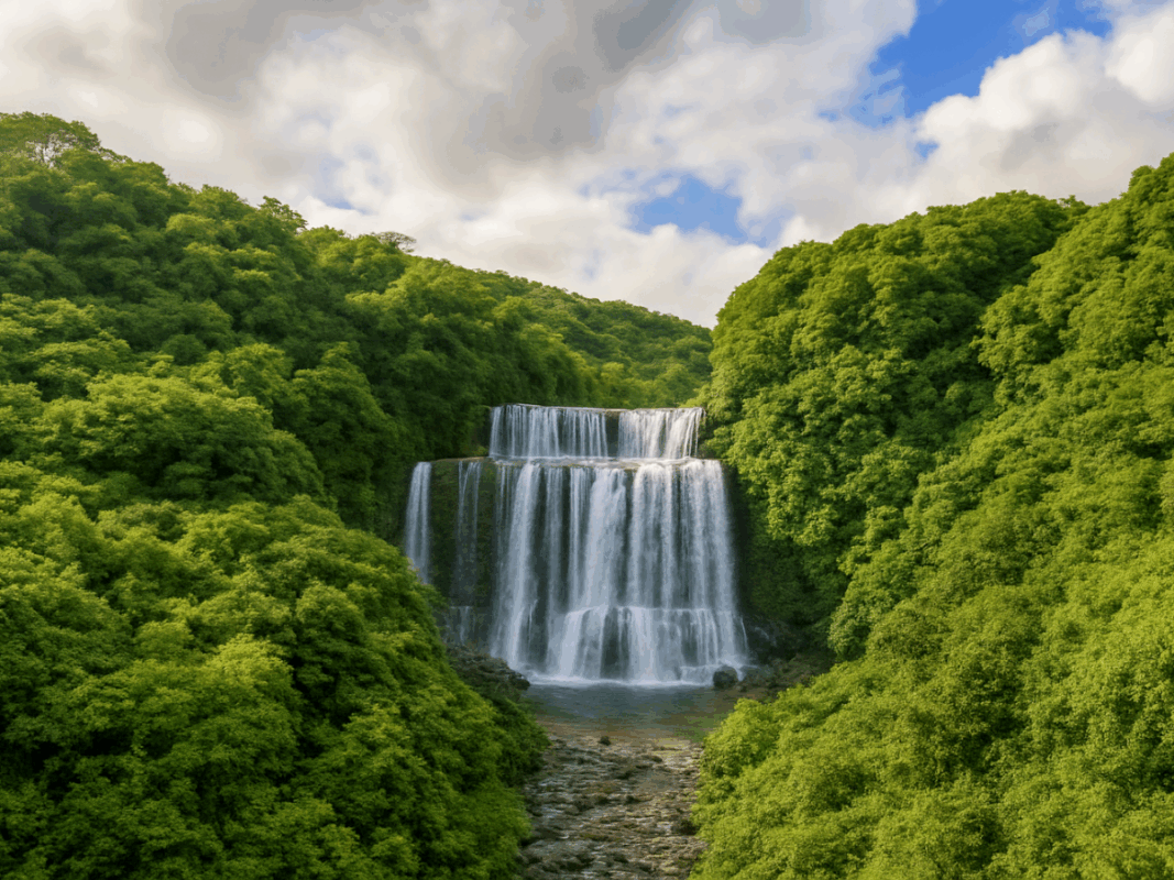 Pdem Falls cascading through dense green forests, creating a breathtaking multi-tiered waterfall view.
