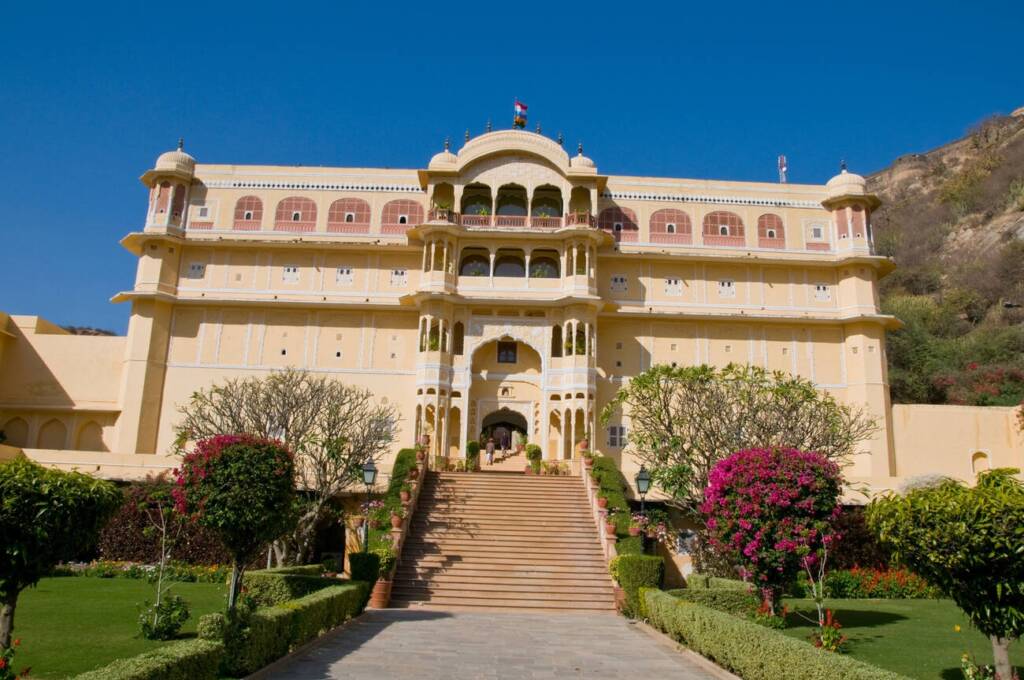 Exterior view of Samode Haveli luxury hotel in Jaipur, a stunning architectural gem.