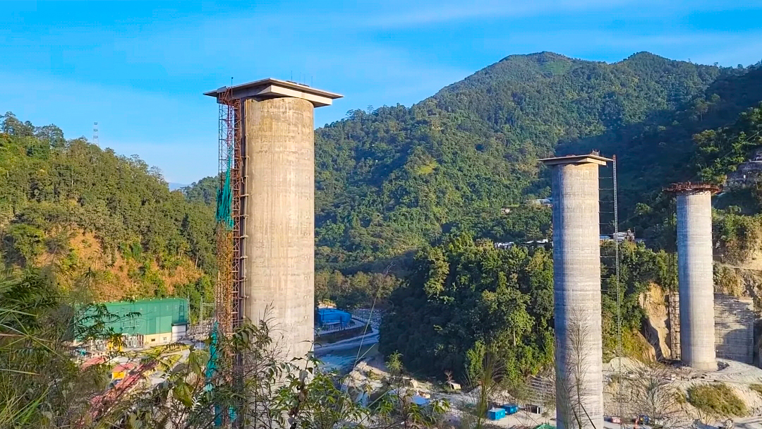 Giant pillars along the Sivok-Rangpo Rail Route in river gorges, supporting the high-altitude bridges soon to span across