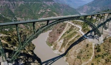 Drone View of The Chenab Railway Arch Bridge in the Kashmir Valley with Train Passing over It.