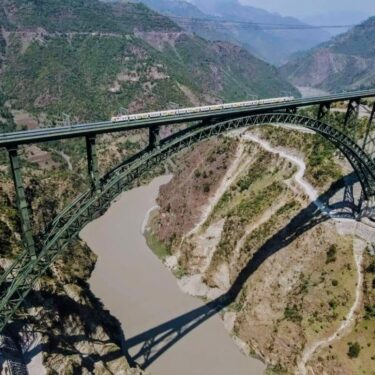 Drone View of The Chenab Railway Arch Bridge in the Kashmir Valley with Train Passing over It.