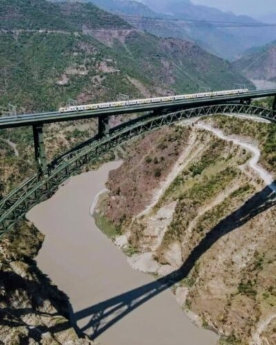 Drone View of The Chenab Railway Arch Bridge in the Kashmir Valley with Train Passing over It.