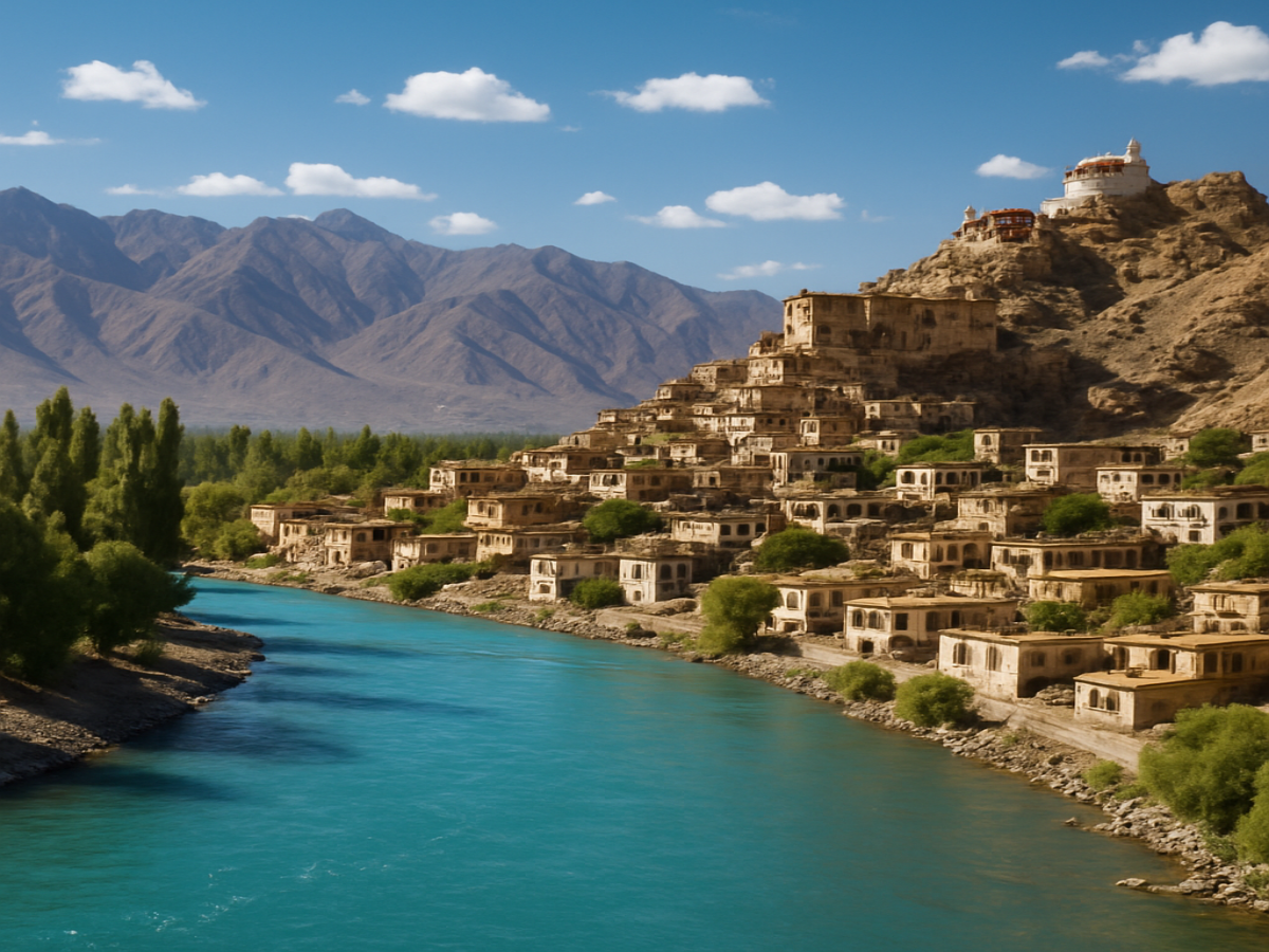 A scenic portrayal of Leh, Ladakh, with the turquoise Indus River flowing past traditional mud-brick houses, poplar trees, and a hilltop monastery resembling Namgyal Tsemo Gompa, set against the majestic Trans-Himalayan peaks. 