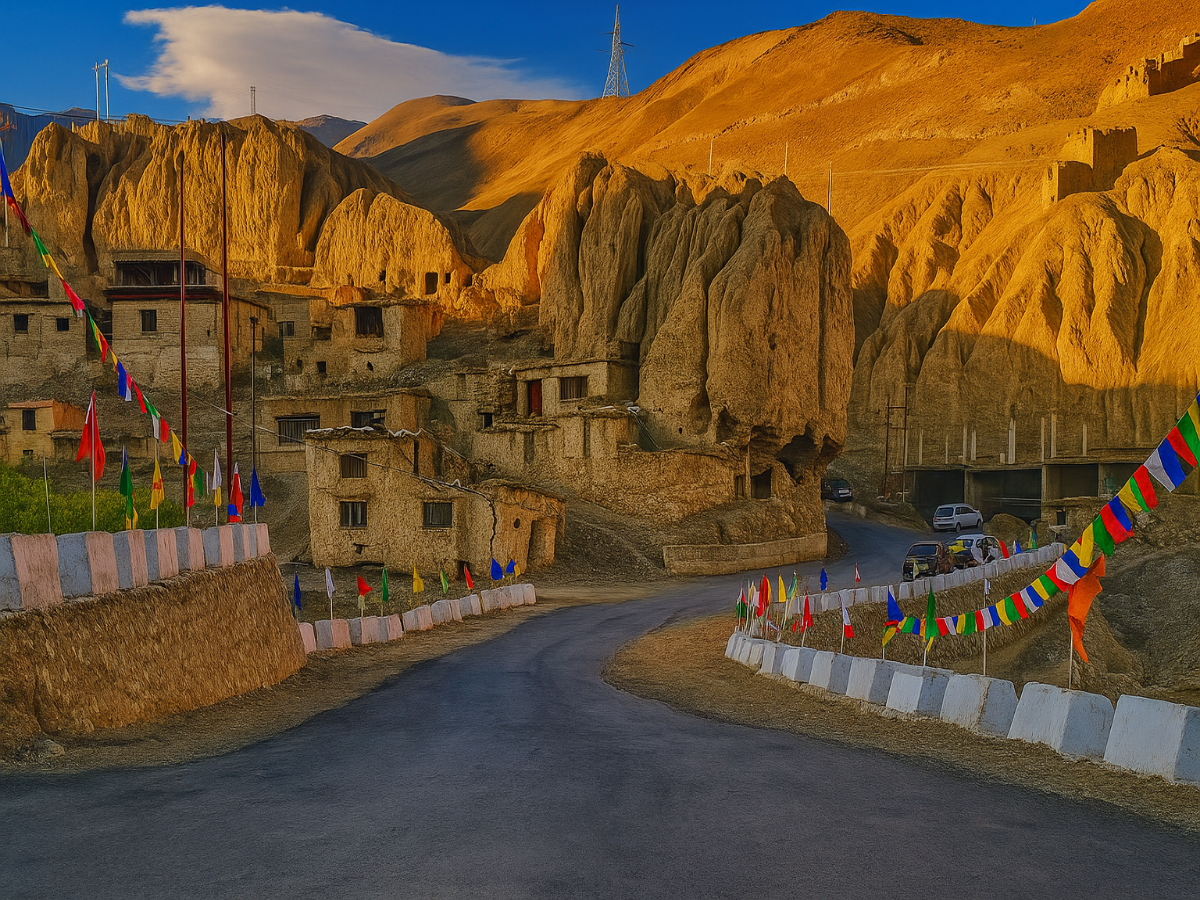 Lamayuru Moonland, Ladakh – A surreal view of the ancient Lamayuru village nestled amidst the unique lunar-like landscapes of the Moonland region, with dramatic mud cliffs and traditional Ladakhi homes glowing in the golden evening light.