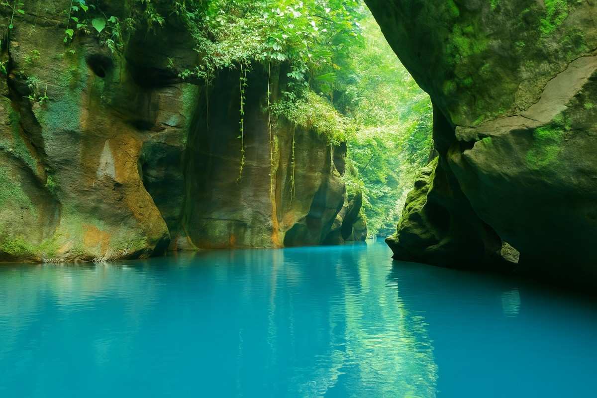 Crystal-clear turquoise water flows through the lush green canyon of Wari Chora in South Garo Hills, Meghalaya, framed by ferns, moss-covered rocks, and sunlight filtering through dense forest.