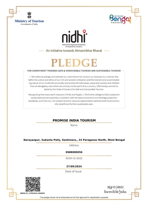 NIDHI Pledge certificate issued by Ministry of Tourism, Government of India to Promise India Tourism for responsible and sustainable tourism practices