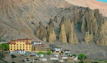 Ancient Dhankar Monastery and village below dramatic Spiti rock formations