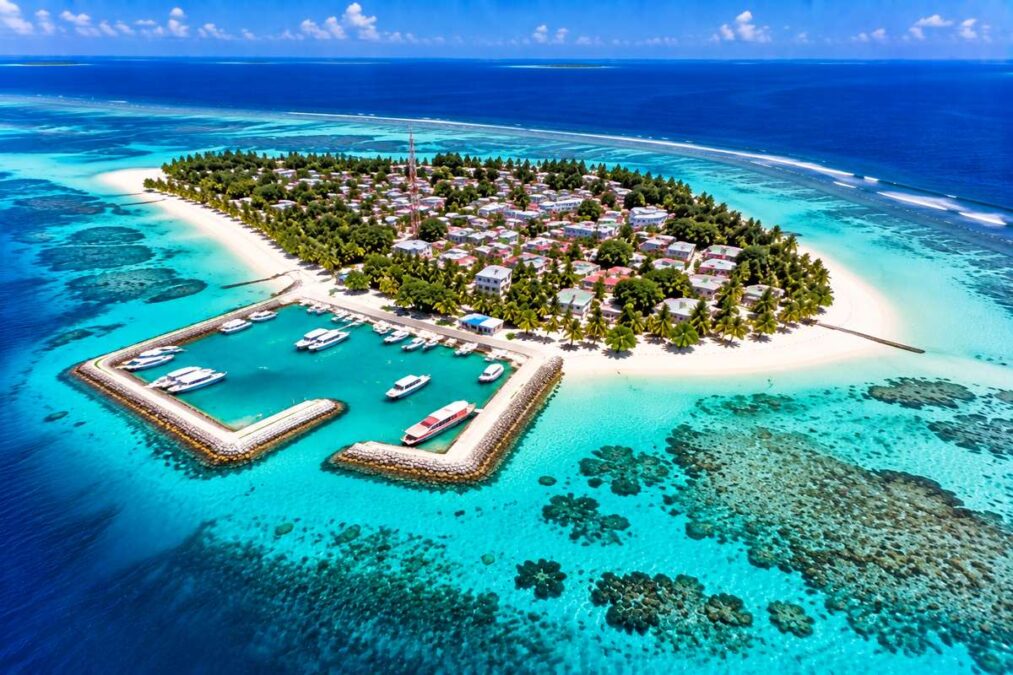 Aerial view of Dhangethi Island Maldives with village, harbour, white beaches and turquoise lagoon