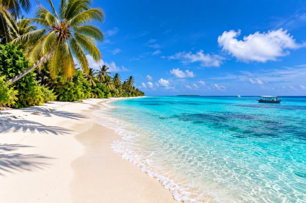 Dhigurah Island Maldives tropical beach with turquoise water and palm trees