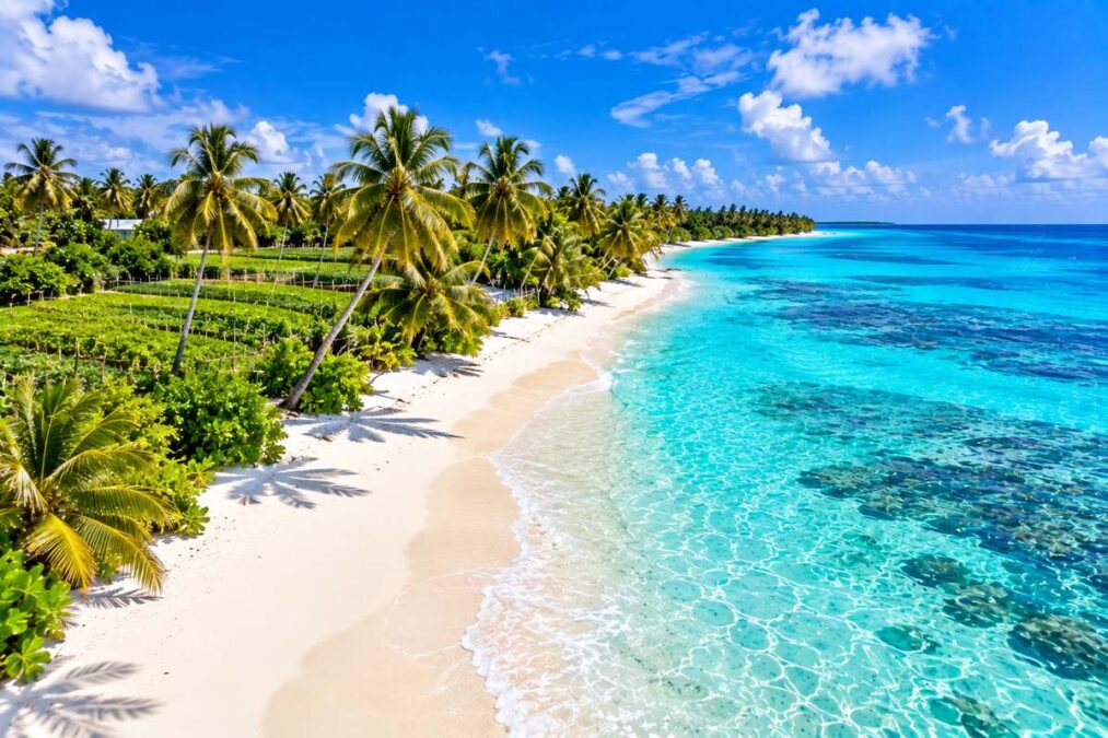 Thoddoo Island Maldives beach with turquoise lagoon, white sand and lush tropical farmland